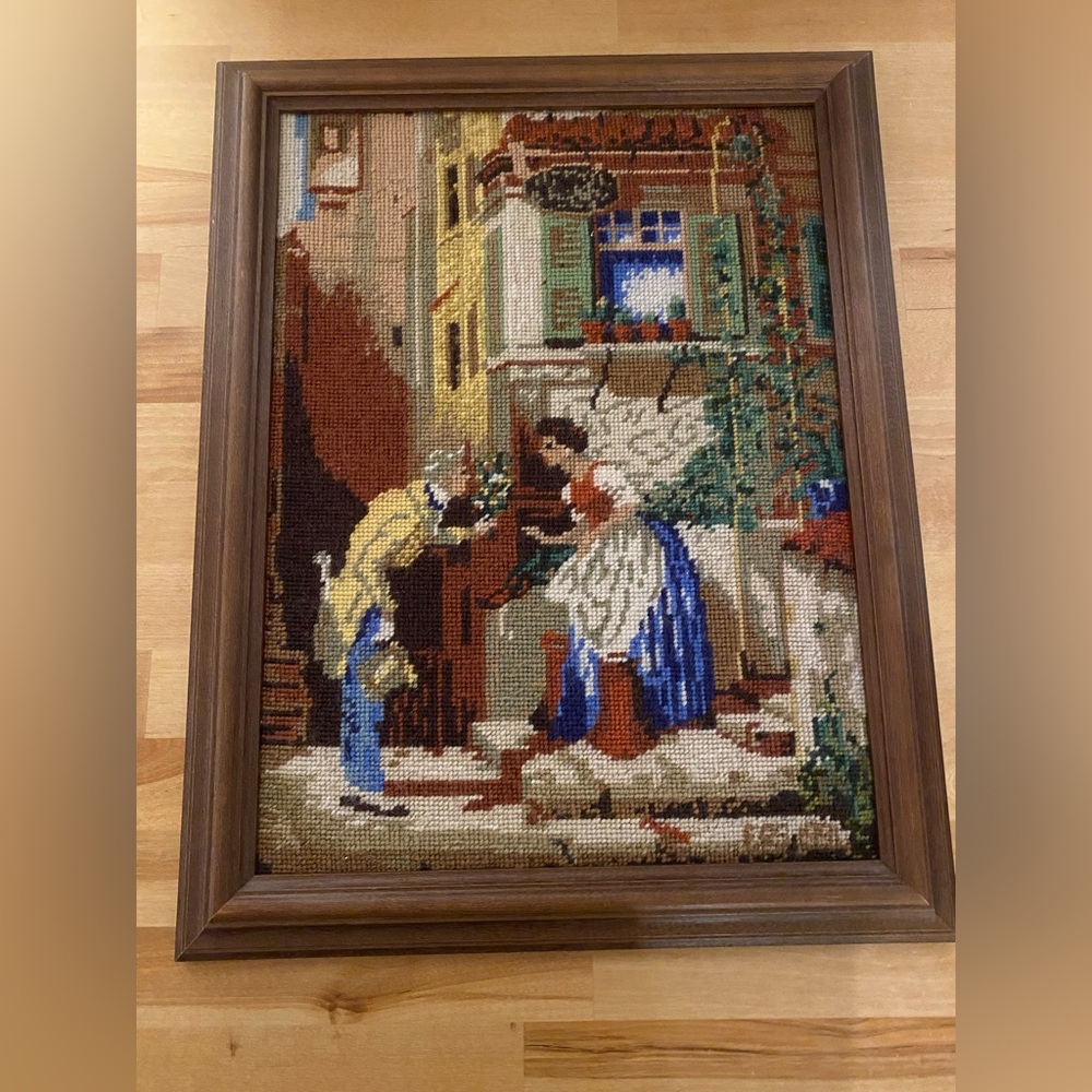 Vintage Wiehler Gobelin Framed Needlepoint Picture Renaissance Petit Couple